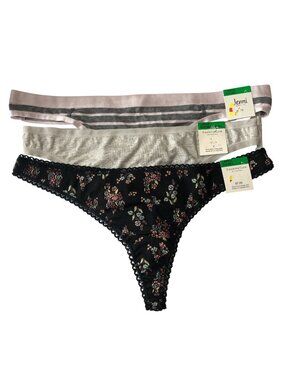 Jenni Charter Club Thong Panties 3 Pair Black Gray Floral Stripe L